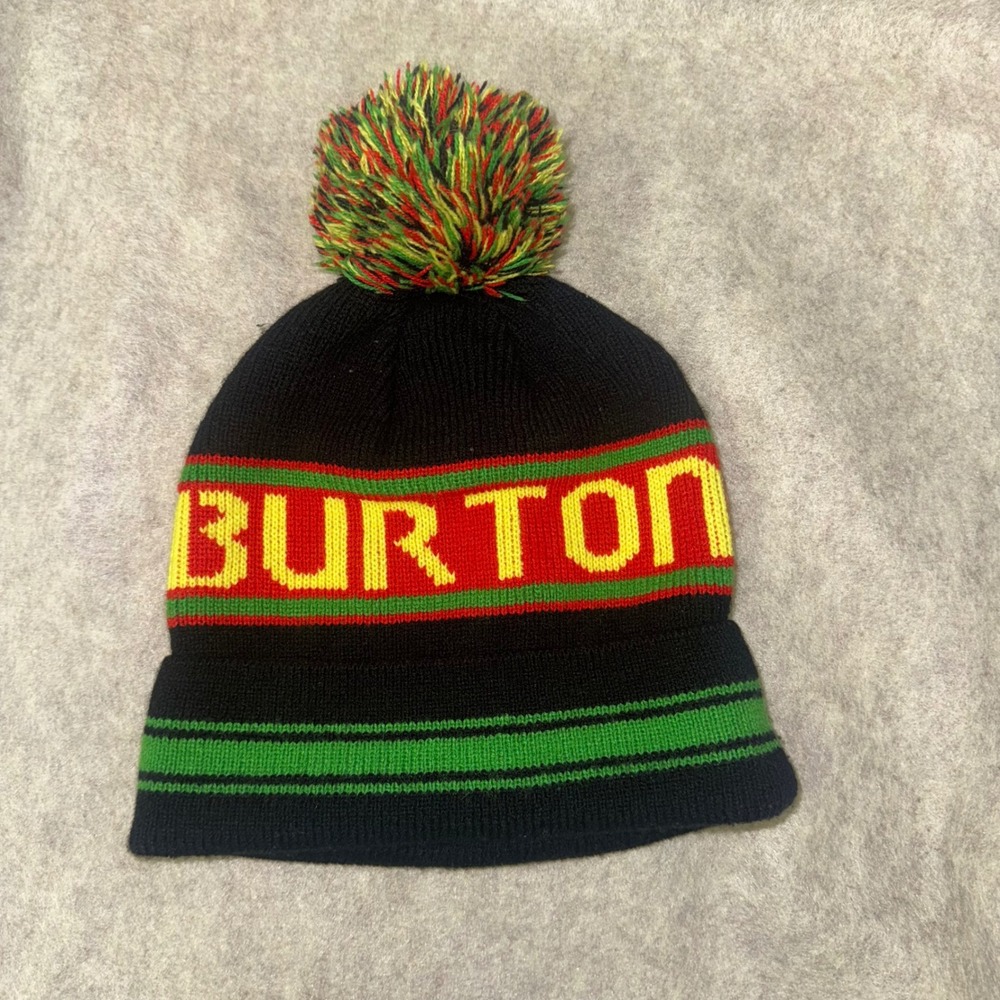 Burton Snowboard Beanie Hat Black Red Yellow Green Pom Pom Winter‎ Ski
